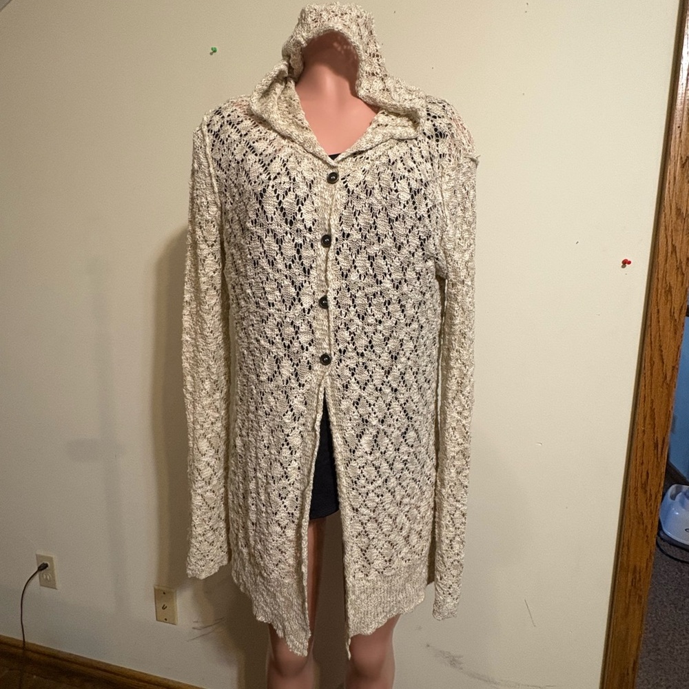 Maurices Women’s cream or ivory crochet knit‎ hooded cardigan with buttons